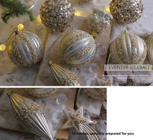Detailed view of champagne gold sequined ornaments and star pendants for Christmas tree