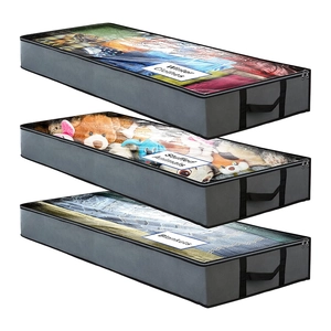 Three gray non-woven underbed storage bags with clear windows for clothes and blankets