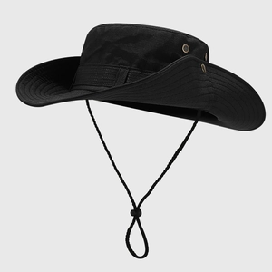 Detail of black outdoor sun hat with metal air vents and adjustable chin strap