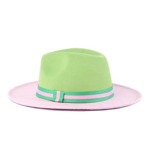 Classic wide brim fedora hat in green and pink wool felt with striped ribbon trim