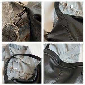 Detail view of black pebble leather tote featuring gunmetal hooks and durable stitching