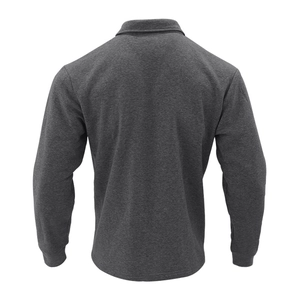 Back view detail of casual dark grey fleece-lined jacket with solid color texture