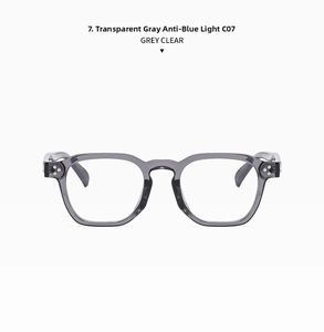 Detail view of transparent grey square frame glasses with anti-blue light clear lenses