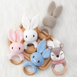 Handmade Crochet Animal Baby Rattle Teether Toy Natural Beech Wood Ring Sensory Soothing Toy For Newborn Infants