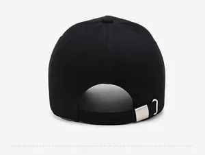 Back view of black cotton baseball cap showing adjustable strap and silver metal buckle