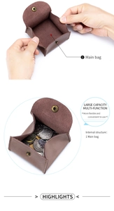 Macro view of large capacity leather coin pouch with metal snap button closure