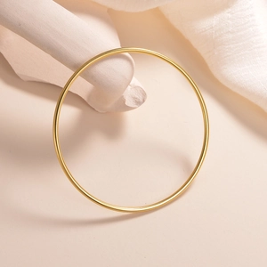 Minimalist 2mm gold titanium steel round bangle with polished finish on a luxury background