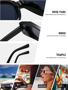 Detailed views of square sunglasses with macro lens, hinges, and lifestyle usage scenes