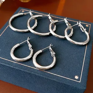 Minimalist Geometric Hoop Earrings For Women High Polish Metallic Finish With Silver Earring Post Chic Style