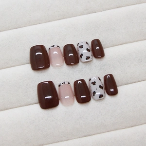 Short square press-on nails set with burgundy and leopard pattern in gloss finish