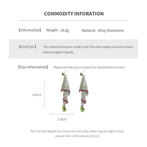Detail view of rhinestone drop earrings showing 6.6cm length and alloy material data