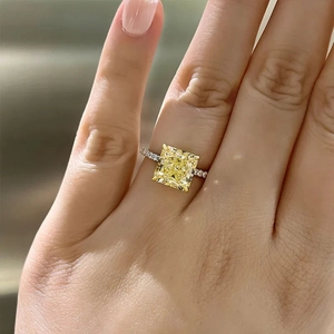 Sparkling square cut yellow gemstone ring with silver band and pavé diamonds for women