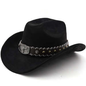 Black faux suede western cowboy hat with studded leather band and silver bull skull buckle