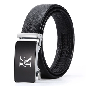 Close-up of black leather belt with silver automatic alloy buckle and metallic finish