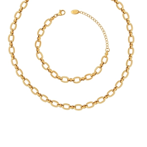 Hip Hop Fashion Thick Link Chain Titanium Steel 18K Gold Plated Oval Interlocking Necklace And Bracelet For Women