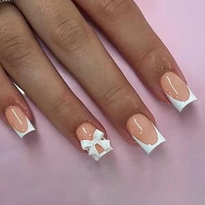 Unghie Finte Press On French Tip Rosa Bianco Con Fiocco In Resina 3D Dolce Elegante Quadrato Unghie Artificiali Per Donne