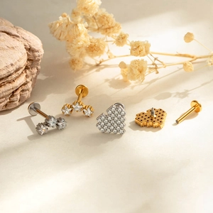 Star and pixel heart steel labret studs with pavé zircon stones on natural stones