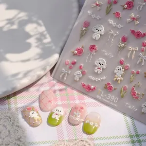 Autocollants Ongles Relief 3D TL-390 Fleur Tulipe Chiot Blanc Nœud Mignon Künstliche Perle Gaufré Auto Adhésif Style Coréen Déco DIY