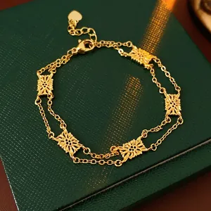 Vintage Hollow Flower Double Layer Chain Bracelet Retro Copper Jewelry For Women With Adjustable Heart Charm