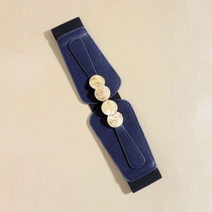 Close-up of navy blue elastic waist belt with three decorative gold round metal buckles