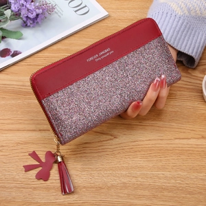 Women's long zipper wallet with red leather and purple glitter patchwork and tassel