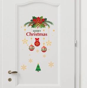 Detailed Christmas door decal with wreath, bells, and Merry Christmas text on a white door