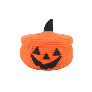 Halloween pumpkin cotton rope woven storage basket with lid for festive home organizing