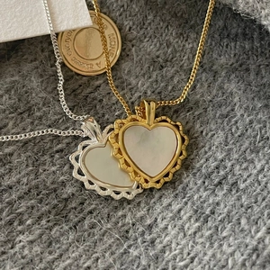 925 Sterling Silver Heart Necklace With White Mother Of Artificial Pearl Scalloped Edge Retro Elegant Pendant Jewelry For Women