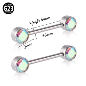 Detail of G23 titanium nipple ring featuring internally threaded opal and zircon gems
