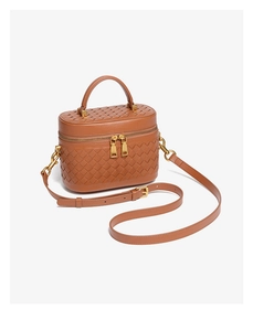 Braune geflochtene Leder Kosmetiktasche mit Tragegriff und Schultergurt fuer Damen Alltag