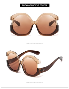 Front and 45-degree side view of oversized brown gradient geometric cat-eye sunglasses