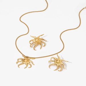 Chic golden sunburst pendant necklace and earring set in high-quality stainless steel