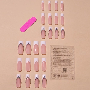 Extra-long French square press-on nails set with rhinestones and nail tool kit