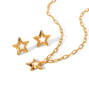Gold stainless steel jewelry set with white star pendants including necklace and stud earrings
