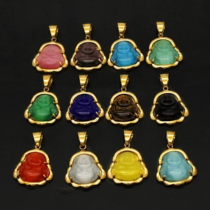 Collier Pendentif Bouddha Maitreya Rieur Acier Inoxidable Plaqué Or Avec Pierre Oeil De Chat Colorée Bijoux Rétro Femmes