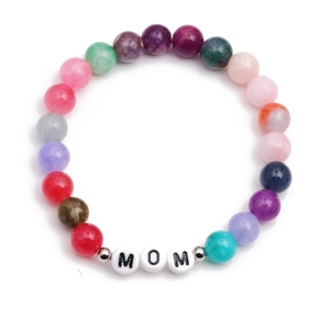 Colorful agate beaded bracelet with MOM letter charms for women on white background