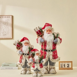 Santa Claus Figurine Standing Doll Ornament Reindeer Knit Sweater Faux Fur Trim Gift Bag For Christmas Home Tabletop Decor
