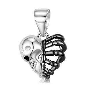 Gothic punk S925 silver skull heart pendant with black and silver metallic details