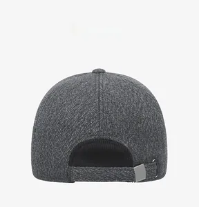 Detail view of winter baseball cap back with adjustable metal buckle and marl knit texture