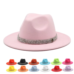 Women Fedora Hat Wool Felt Wide Brim Rhinestone Band Metal Letter Elegant Party Fashion Headwear