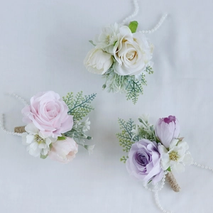 Three-piece artificial wedding corsage set with pastel roses and burlap wrapped stems