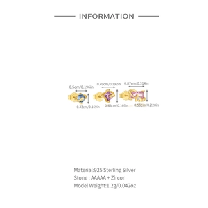 Detailed technical info chart for S925 silver stud earrings with zircon stones and sizing