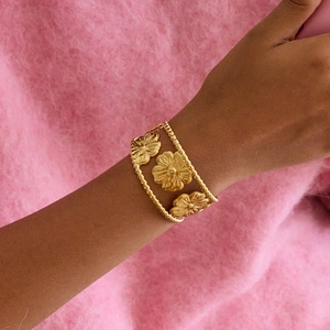 Hollow Flower Open Bangle Stainless Steel 18K Gold Plated Adjustable Floral Cuff Bracelet For Women Trendy Jewelry