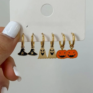 3 Pairs Stainless Steel Halloween Earrings Set Pumpkin Skull Ghost Witch Hat Enamel Dangle Earrings For Women Party Jewelry