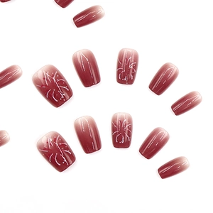 Gradient burgundy fireworks press-on nails in square shape with glitter and white patterns