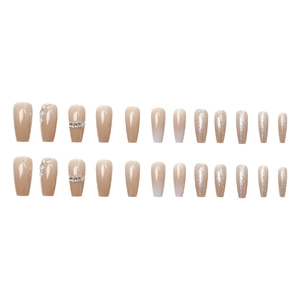 Elegant 24-piece nude pink gradient glitter press-on nails with rhinestones in coffin shape