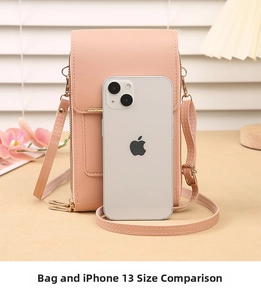 Light pink pebbled leather crossbody phone bag size comparison with an iPhone 13