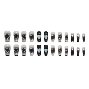 Long ballet press-on nails set with black gradient, heart and silver star patterns