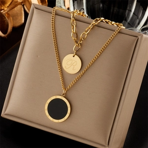 Double-layer gold titanium steel necklace with Roman numeral and letter R pendants