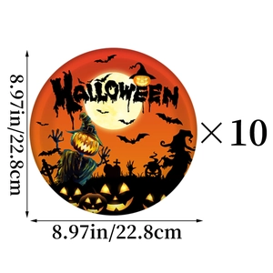 Detail of 9-inch Halloween paper plates with pumpkin, scarecrow, and bat prints 10-pack
